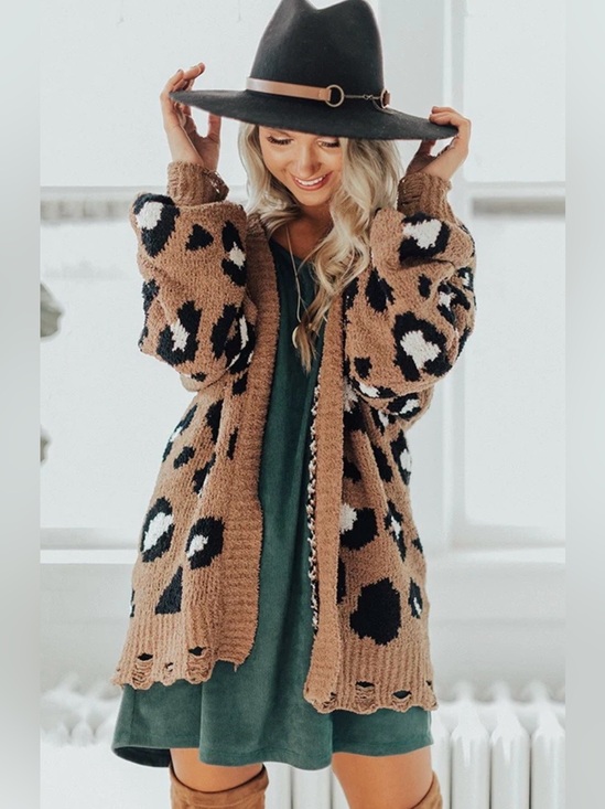 new in Sweaters - NEW IN LEOPARD PRINT DISTRESSED CARDIGAN (MOCHA)